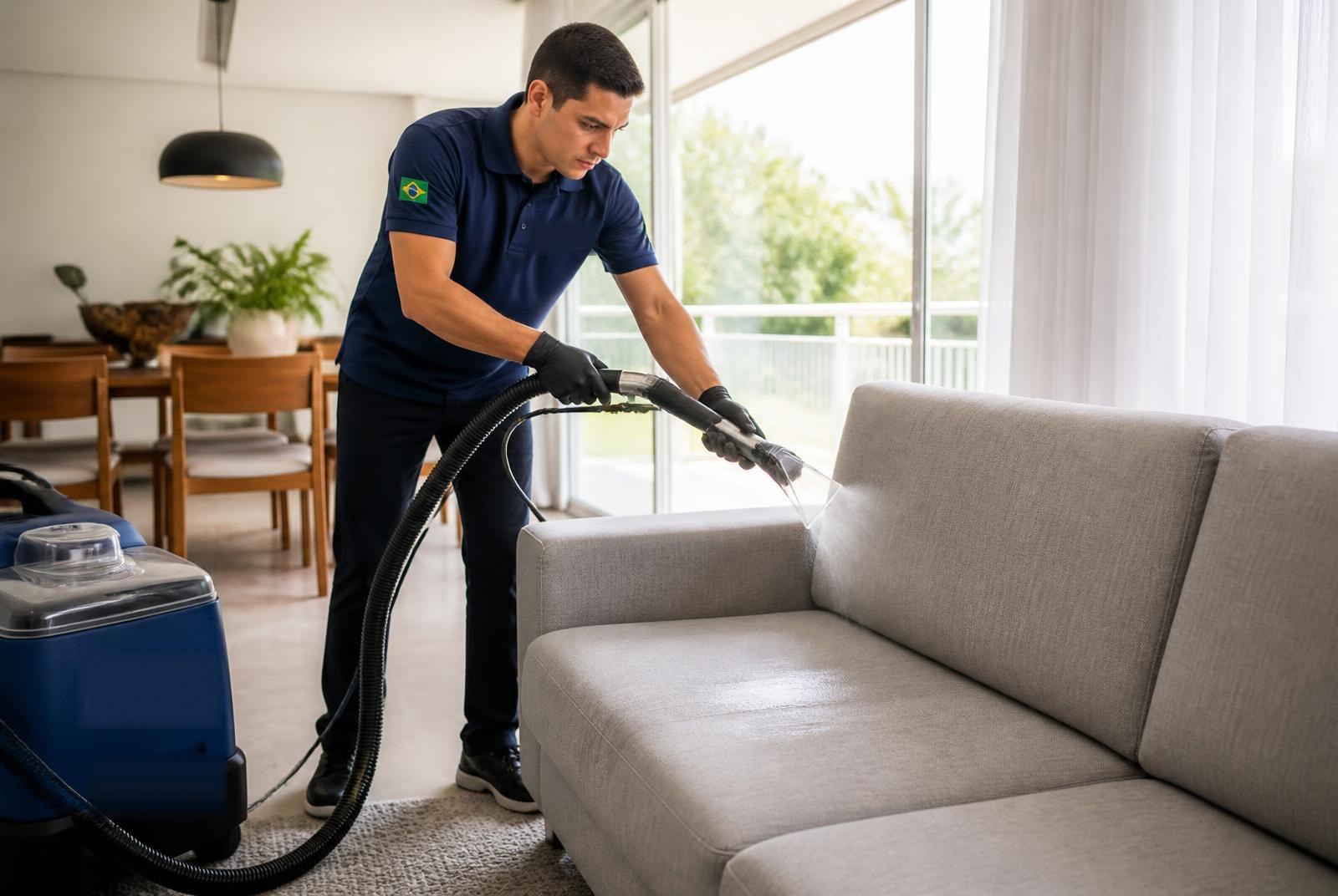 Profissional da CB Clean higienizando um sofá em uma sala de estar